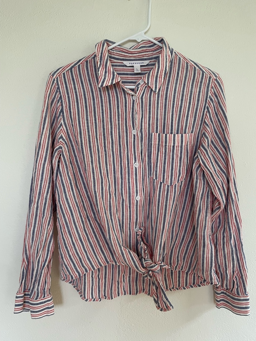Linen and Rayon blend Popsugar red, white, and blue striped button-up shirt with